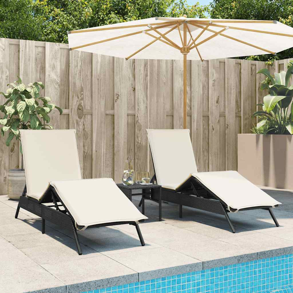 vidaXL Sonnenliegen mit Auflagen 2 Stk. Schwarz Poly Rattan