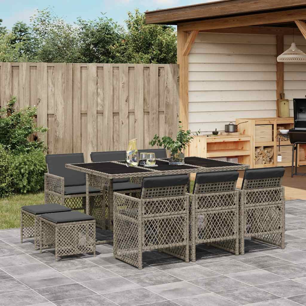 vidaXL 11-tlg. Garten-Essgruppe mit Kissen Grau Poly Rattan
