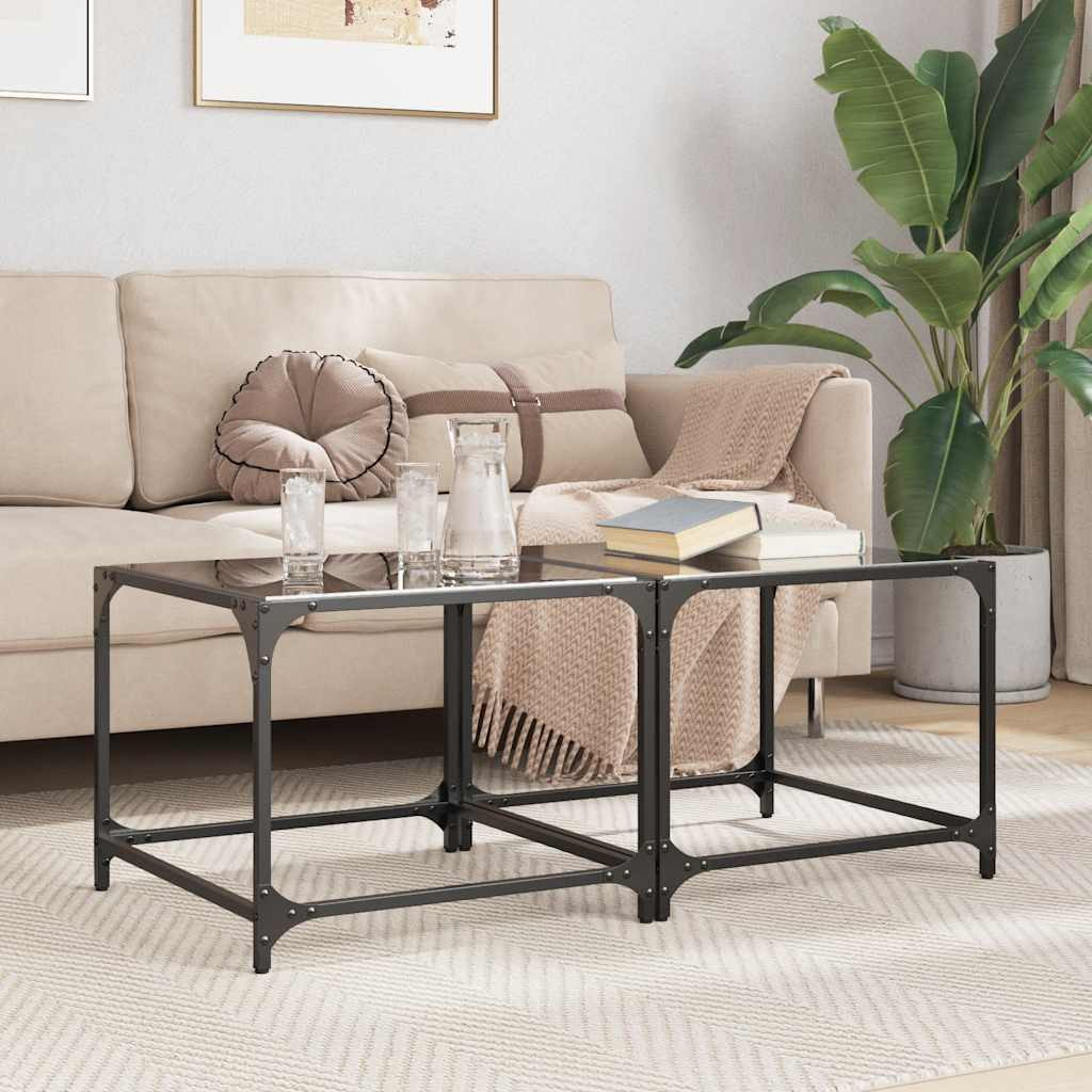 vidaXL Couchtische mit Glasplatte 2 Stk. Schwarz 50x50x40 cm Stahl