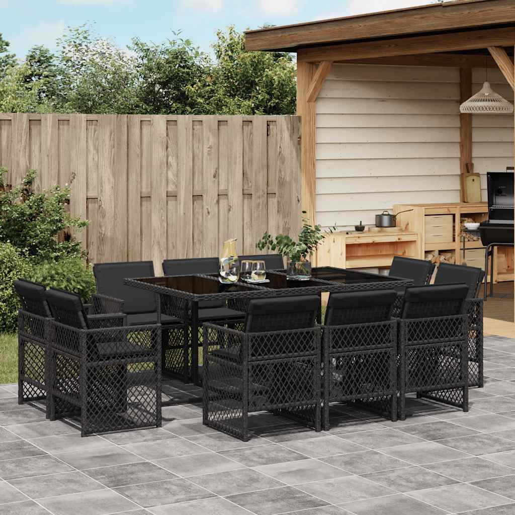 vidaXL 11-tlg. Garten-Essgruppe mit Kissen Schwarz Poly Rattan