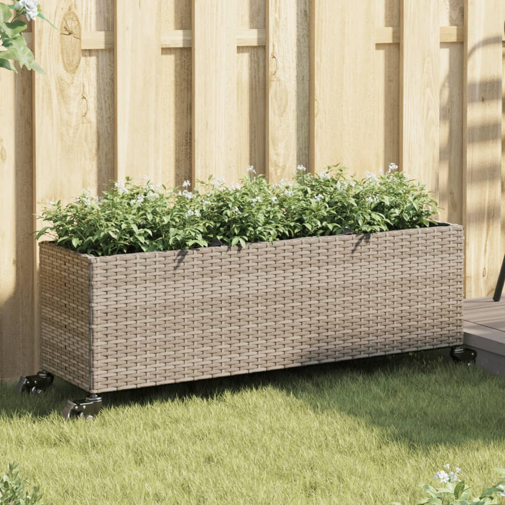 vidaXL Pflanzkübel mit Rollen 3 Töpfe Grau 107x32x38 cm Poly-Rattan