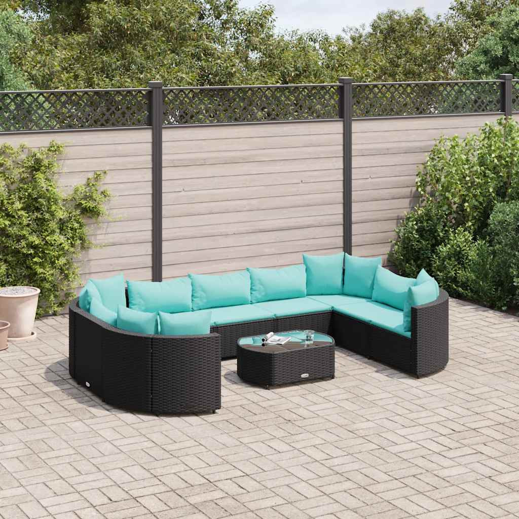 vidaXL 10-tlg. Garten-Sofagarnitur mit Kissen Schwarz Poly Rattan