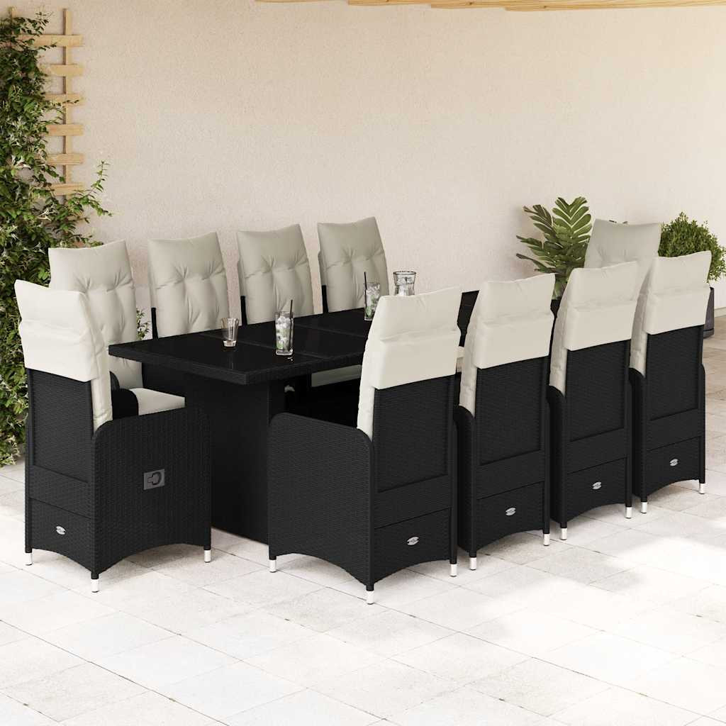 vidaXL 11-tlg. Garten-Bistro-Set mit Kissen Schwarz Poly Rattan