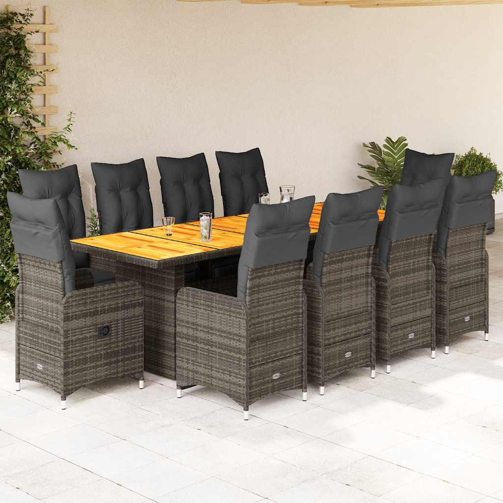 vidaXL 11-tlg. Garten-Bistro-Set mit Kissen Grau Poly Rattan