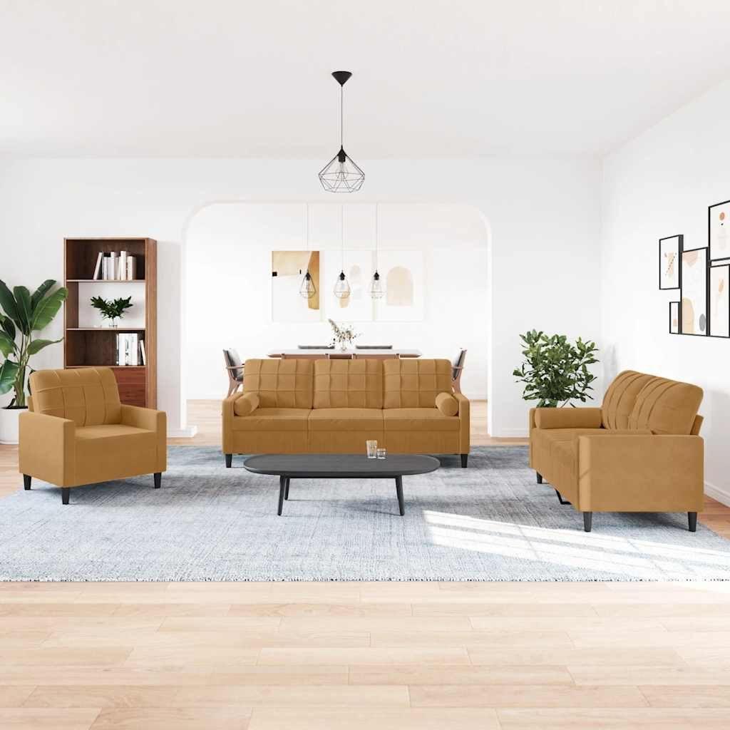 vidaXL 3-tlg. Sofagarnitur mit Kissen und Nackenrollen Braun Samt