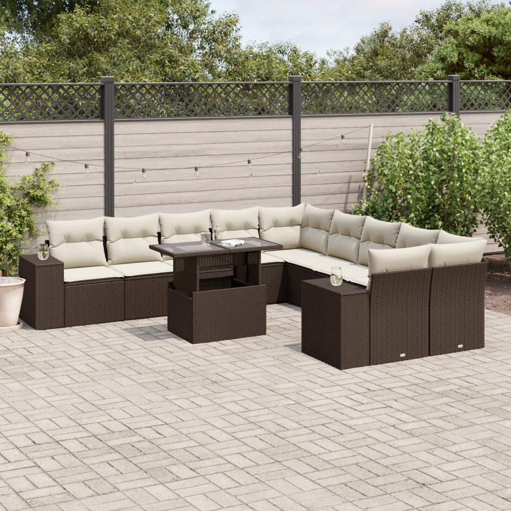 vidaXL 11-tlg. Garten-Sofagarnitur mit Kissen Braun Poly Rattan