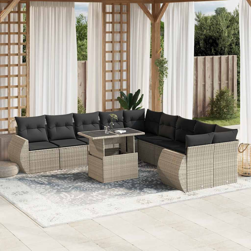vidaXL 11-tlg. Garten-Sofagarnitur mit Kissen Hellgrau Poly Rattan
