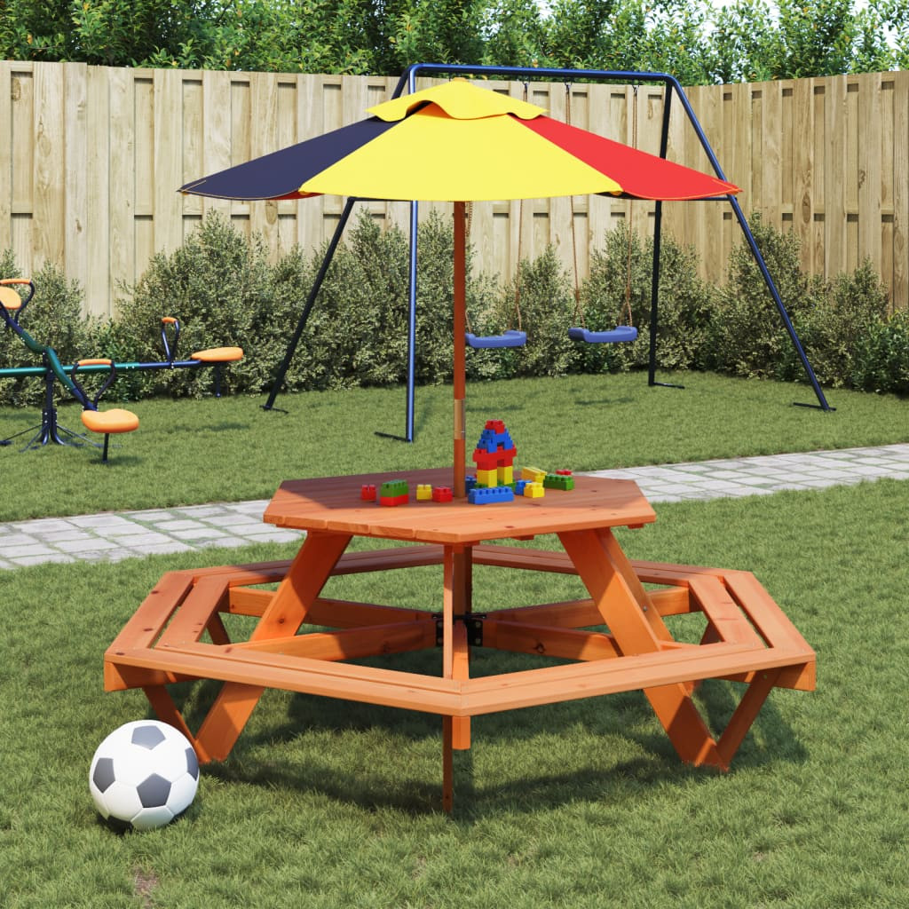 vidaXL Picknicktisch für 6 Kinder mit Sonnenschirm Sechseckig Tanne