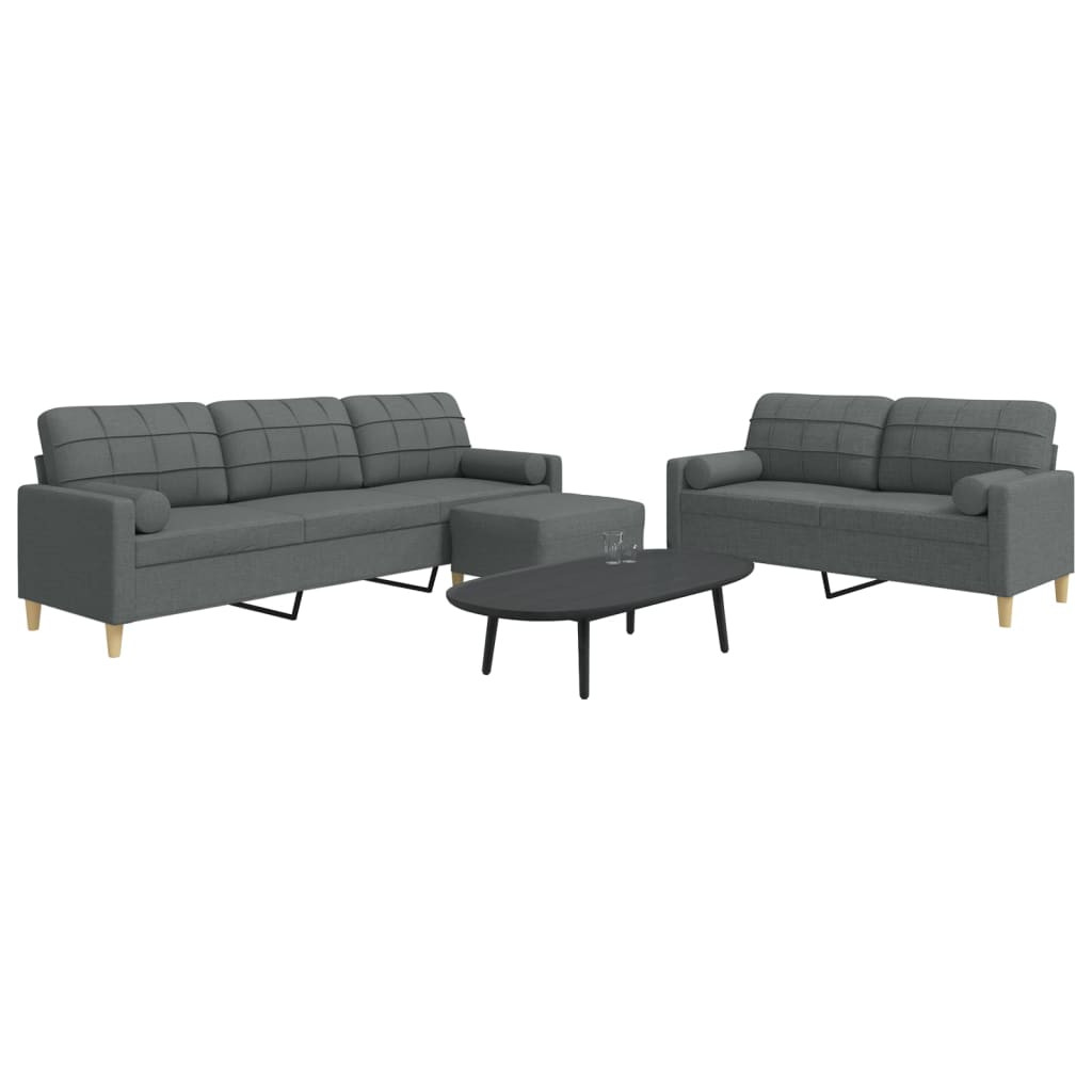 vidaXL 3-tlg. Sofagarnitur mit Fußhocker & Dekokissen Dunkelgrau Stoff