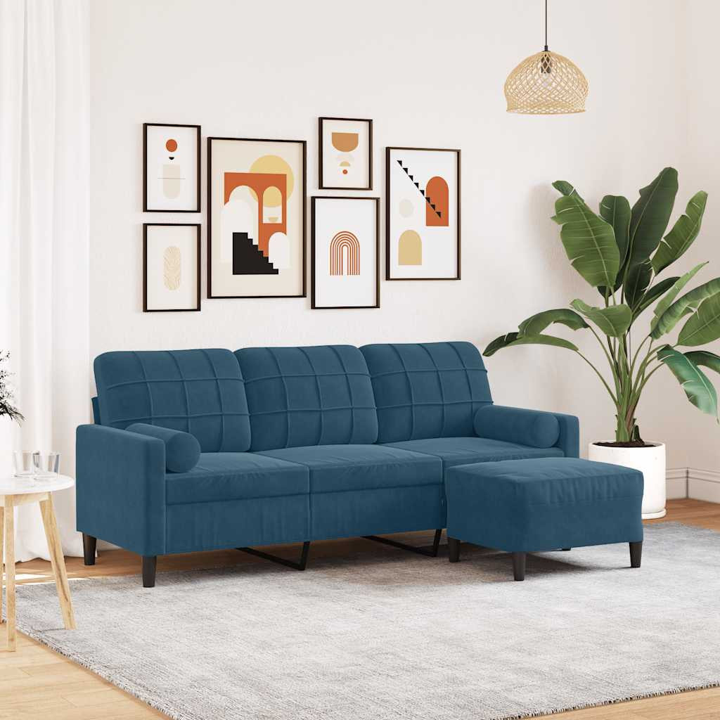 vidaXL 3-Sitzer-Sofa mit Hocker Blau 180 cm Samt