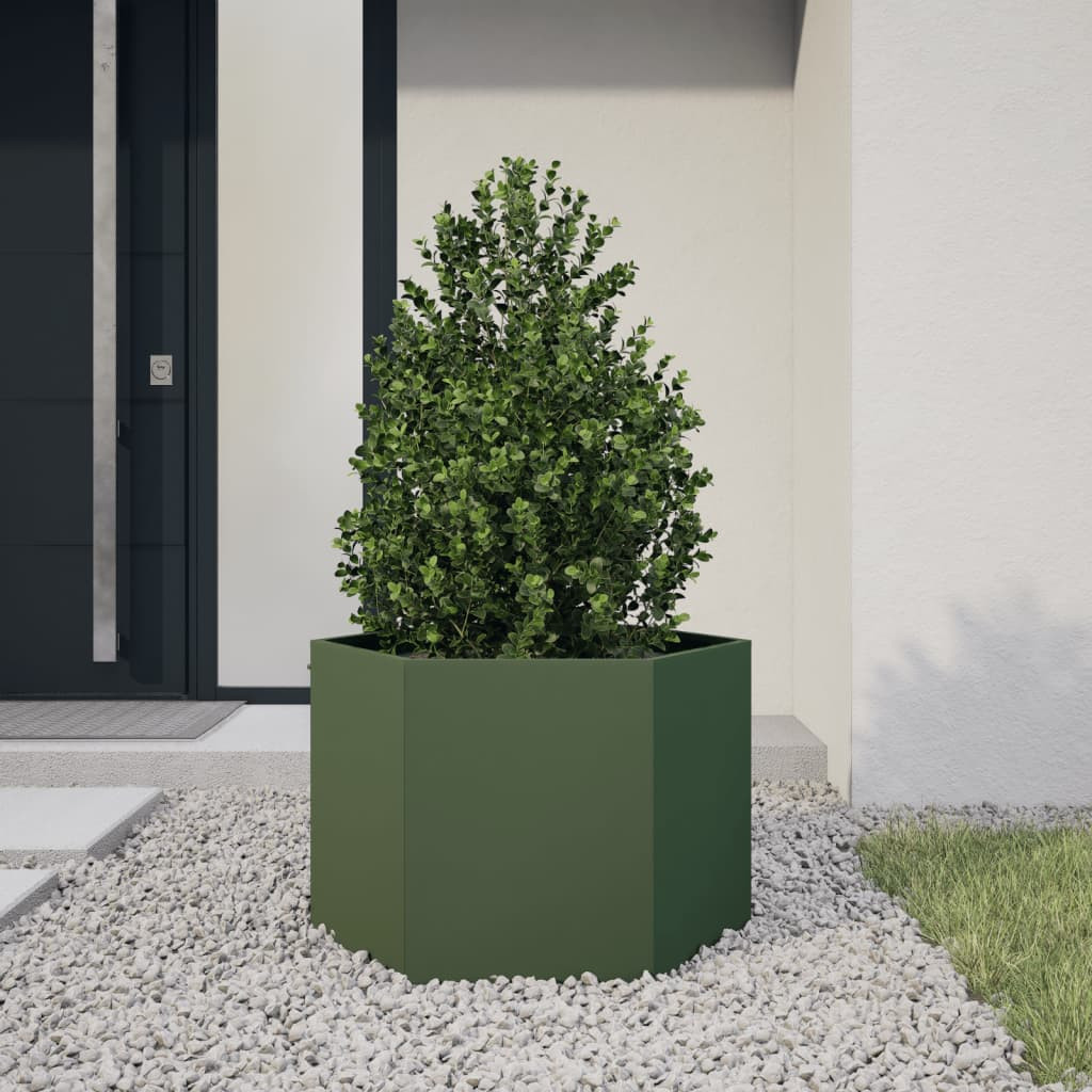 vidaXL Pflanzkübel Olivgrün Sechseckig 69x60x45 Stahl