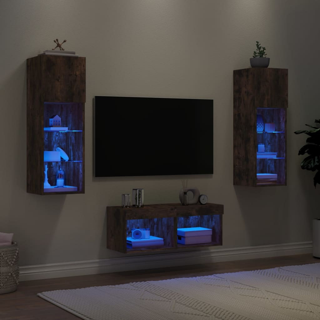 vidaXL 4-tlg. TV-Wohnwand mit LED-Leuchten Räuchereiche