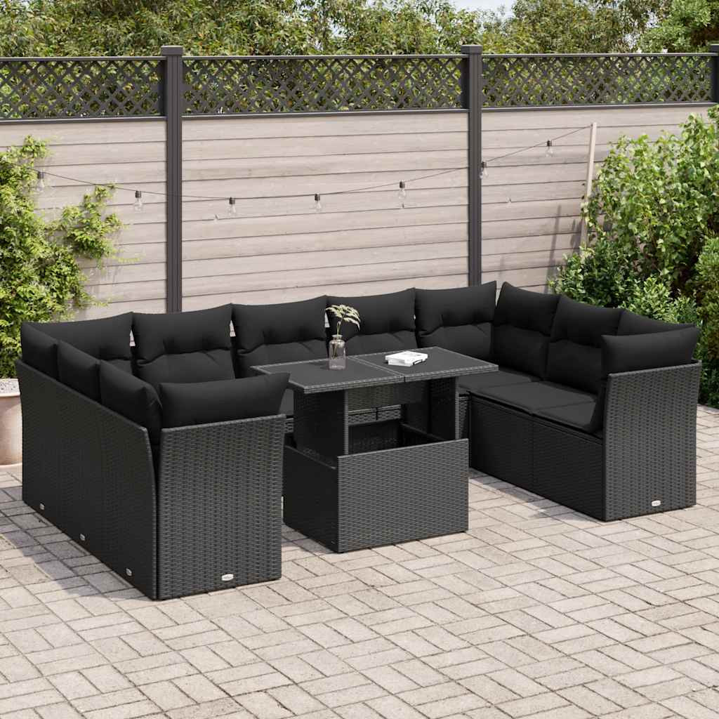 vidaXL 10-tlg. Garten-Sofagarnitur mit Kissen Schwarz Poly Rattan