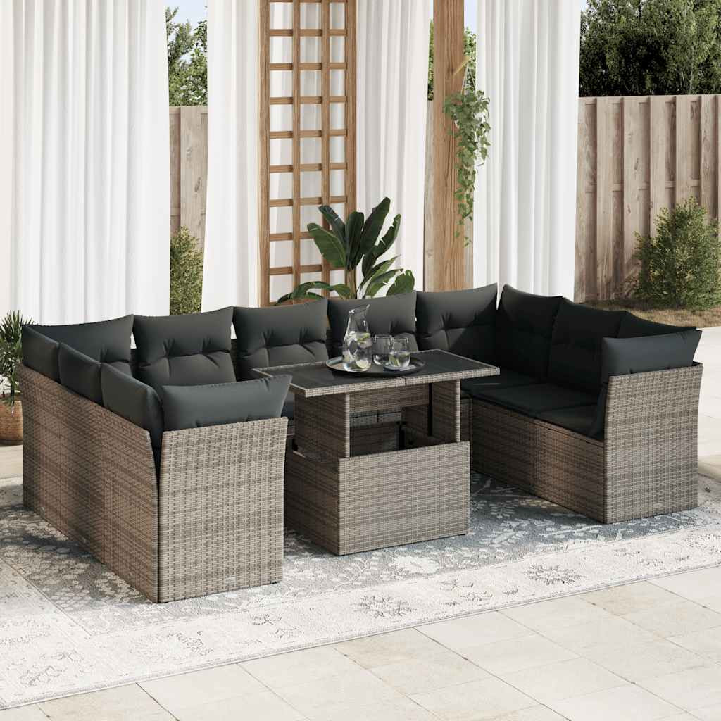 vidaXL 10-tlg. Garten-Sofagarnitur mit Kissen Grau Poly Rattan