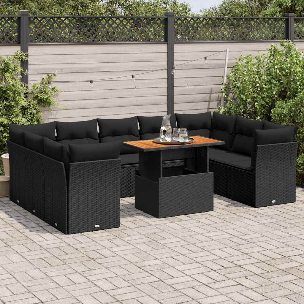 vidaXL 10-tlg. Garten-Sofagarnitur mit Kissen Schwarz Poly Rattan