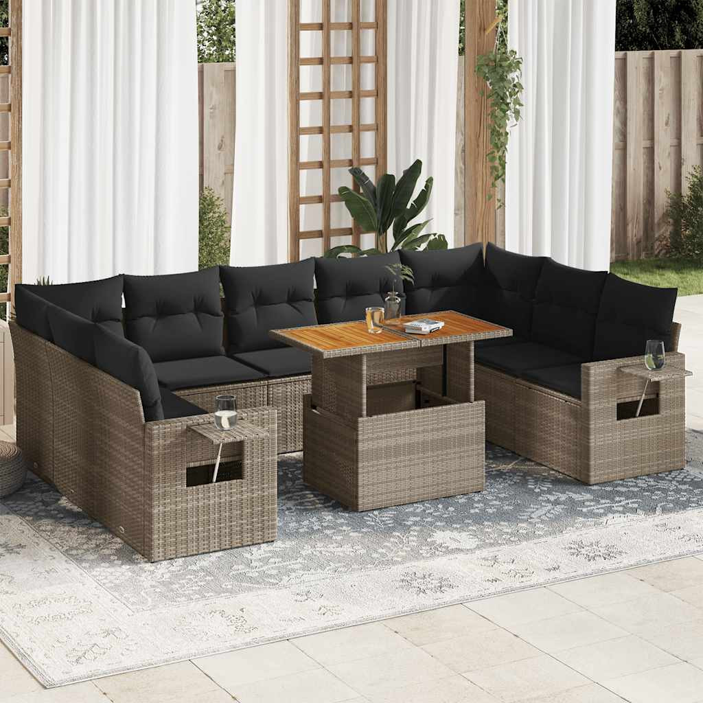 vidaXL 10-tlg. Garten-Sofagarnitur mit Kissen Grau Poly Rattan