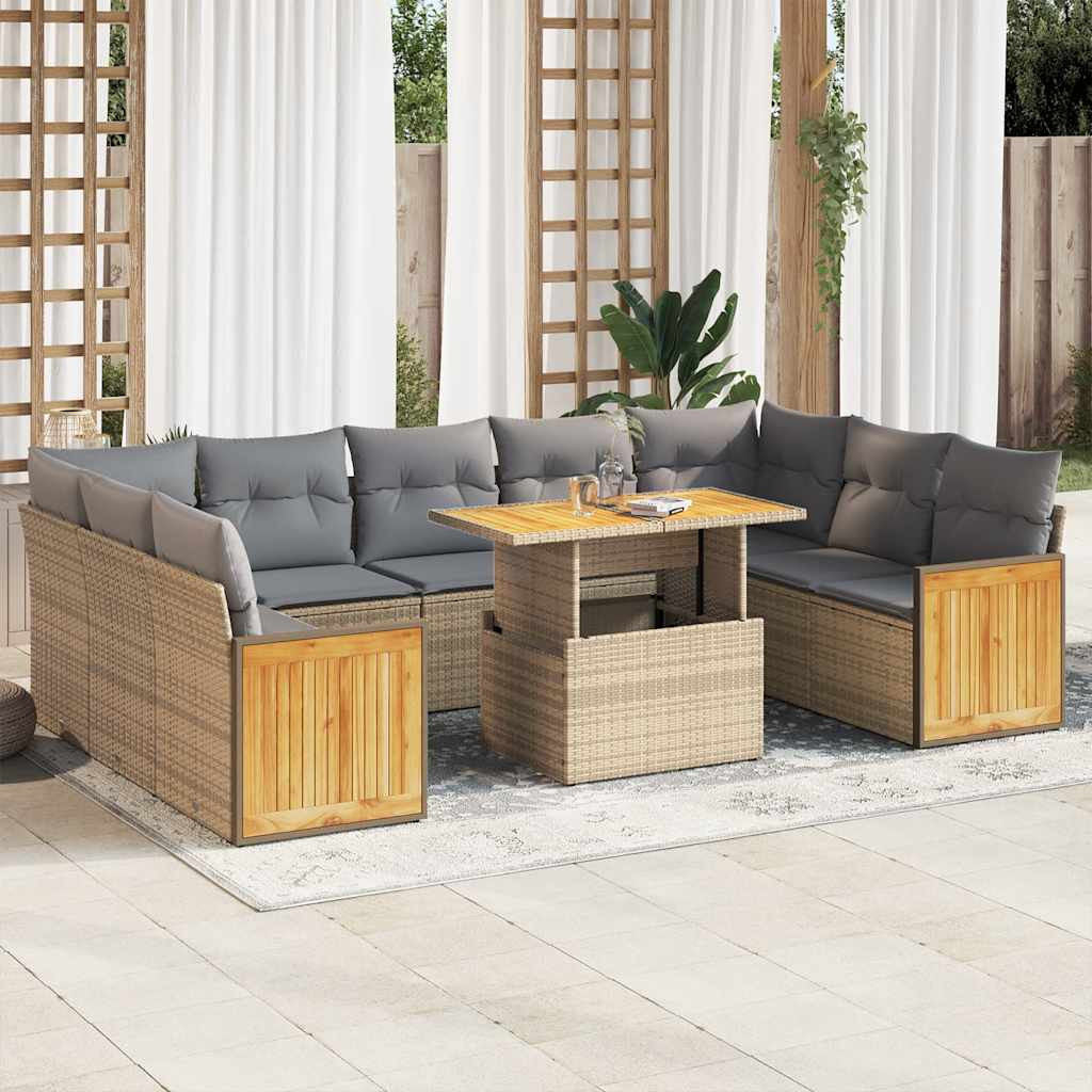 vidaXL 10-tlg. Garten-Sofagarnitur mit Kissen Beige Poly Rattan Akazie