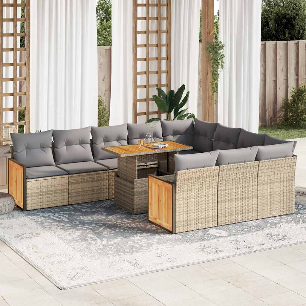 vidaXL 11-tlg. Garten-Sofagarnitur mit Kissen Beige Poly Rattan Akazie