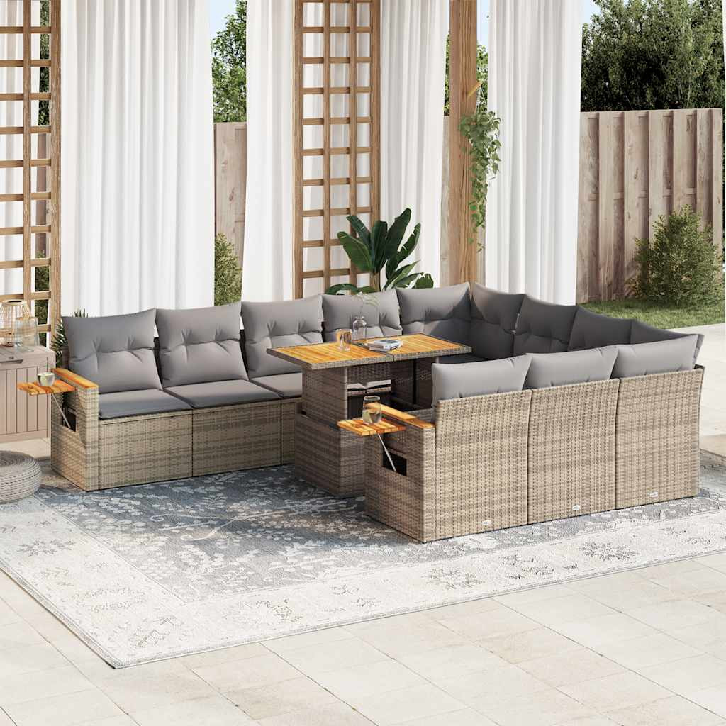 vidaXL 11-tlg. Garten-Sofagarnitur mit Kissen Beige Poly Rattan Akazie