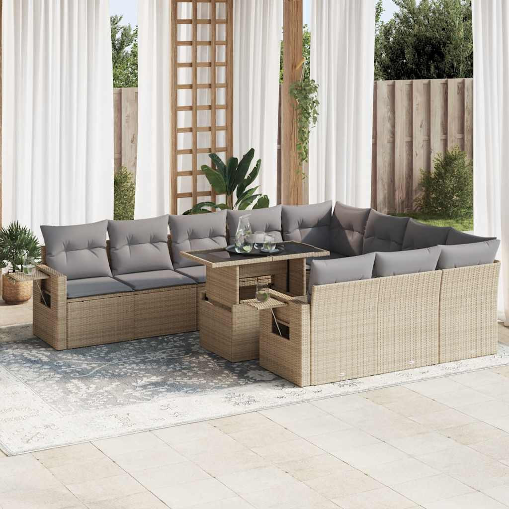 vidaXL 11-tlg. Garten-Sofagarnitur mit Kissen Beige Poly Rattan