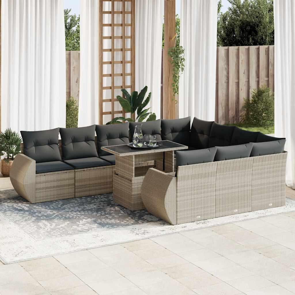 vidaXL 11-tlg. Garten-Sofagarnitur mit Kissen Hellgrau Poly Rattan