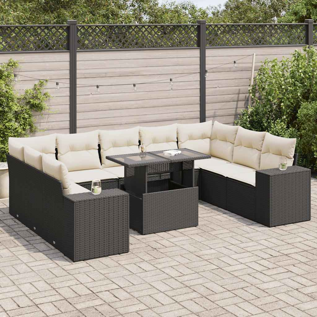 vidaXL 10-tlg. Garten-Sofagarnitur mit Kissen Schwarz Poly Rattan