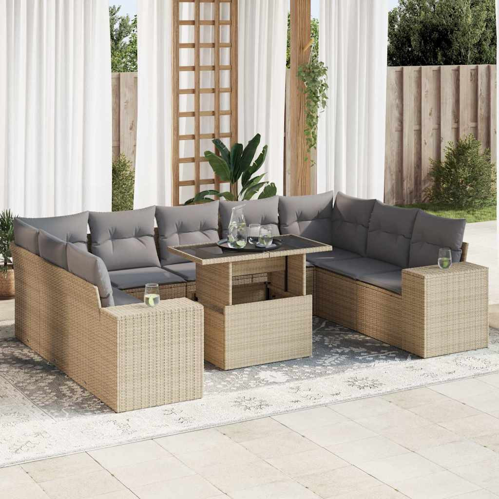 vidaXL 10-tlg. Garten-Sofagarnitur mit Kissen Beige Poly Rattan