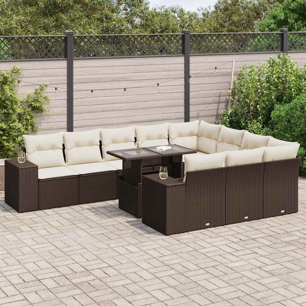 vidaXL 11-tlg. Garten-Sofagarnitur mit Kissen Braun Poly Rattan