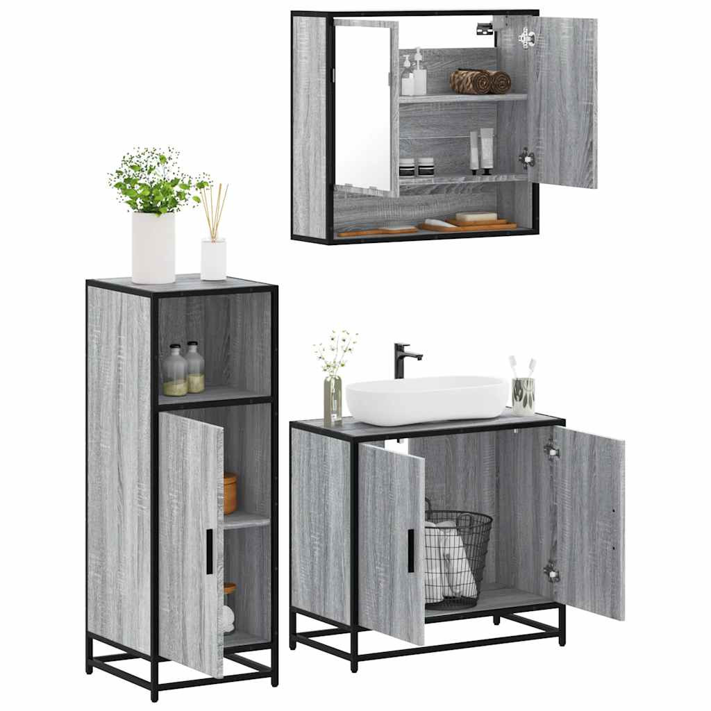 vidaXL 3-tlg. Badmöbel-Set Grau Sonoma Holzwerkstoff