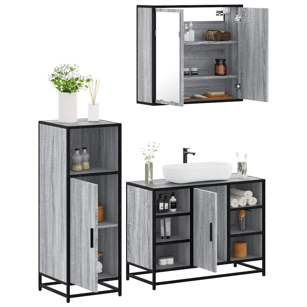 vidaXL 3-tlg. Badmöbel-Set Grau Sonoma Holzwerkstoff