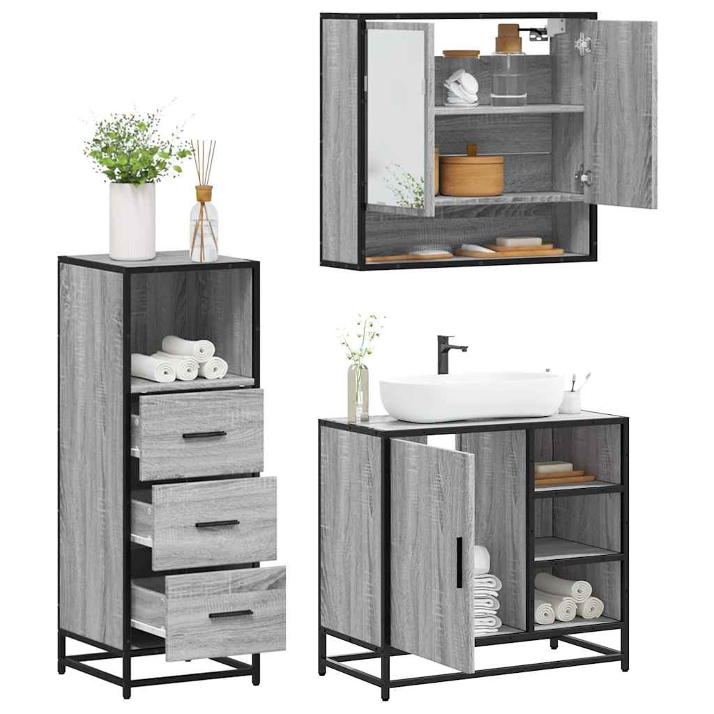 vidaXL 3-tlg. Badmöbel-Set Grau Sonoma Holzwerkstoff