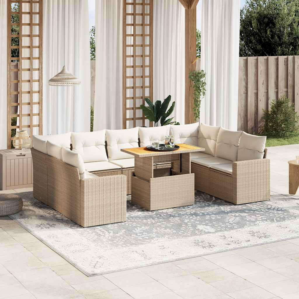 vidaXL 10-tlg. Garten-Sofagarnitur mit Kissen Beige Poly Rattan