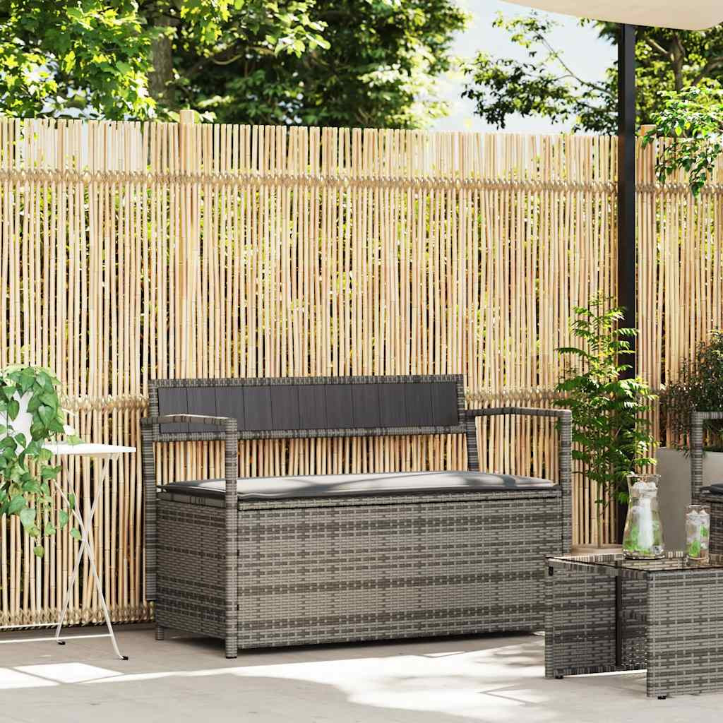 vidaXL Gartenbank mit Stauraum und Kissen Grau Poly Rattan