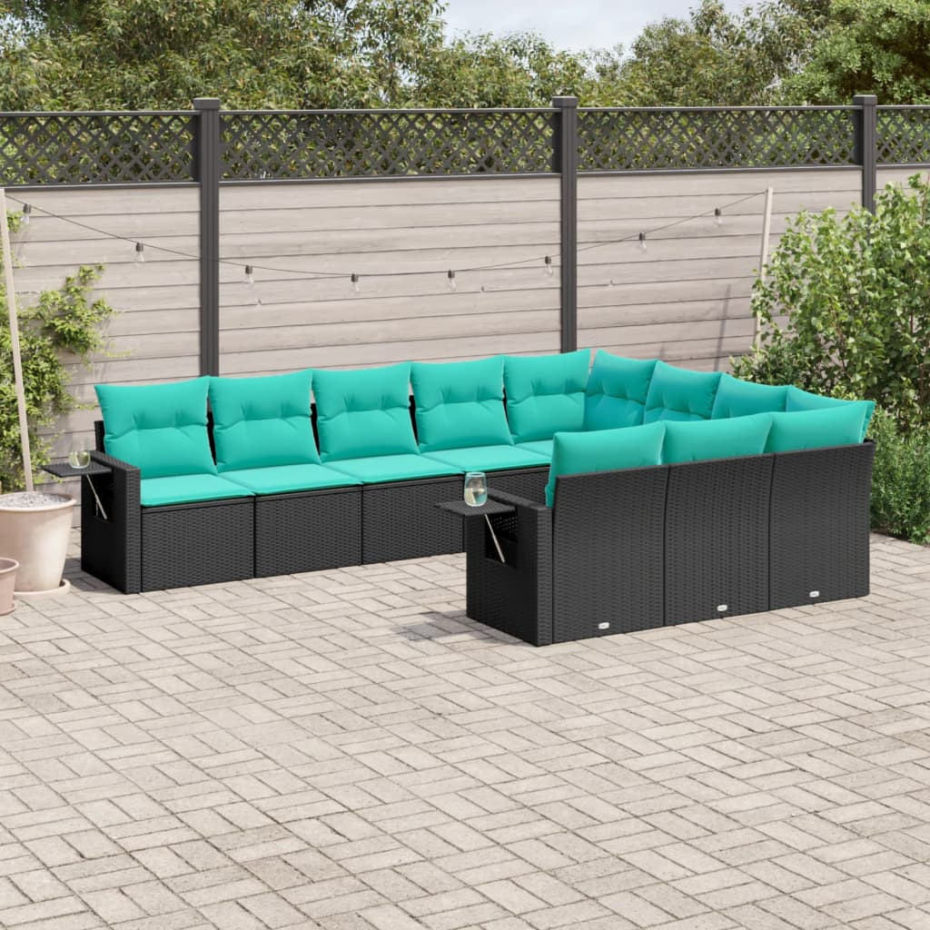 vidaXL 10-teiliges Gartensofa-Set mit Kissen, schwarzes Polyrattan