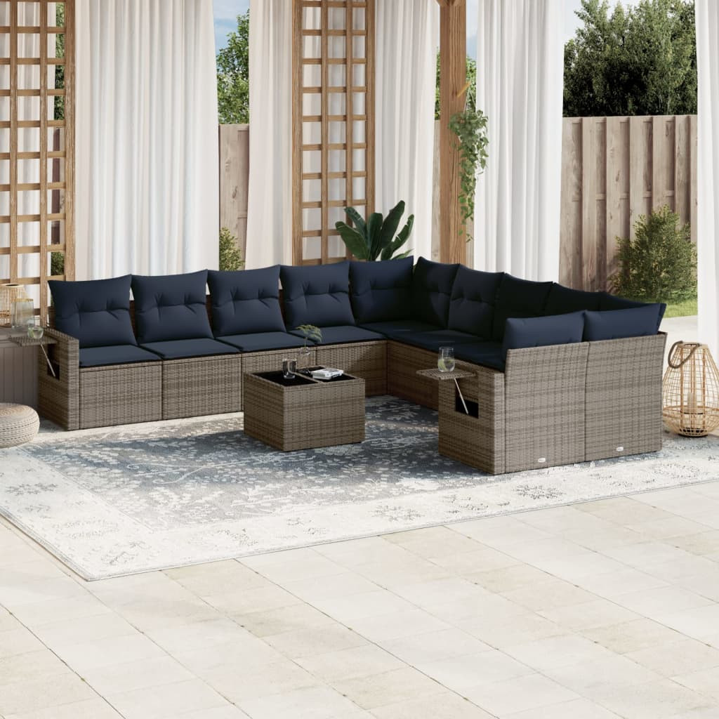 vidaXL 11-teiliges Gartensofa-Set mit Kissen, grau, Polyrattan
