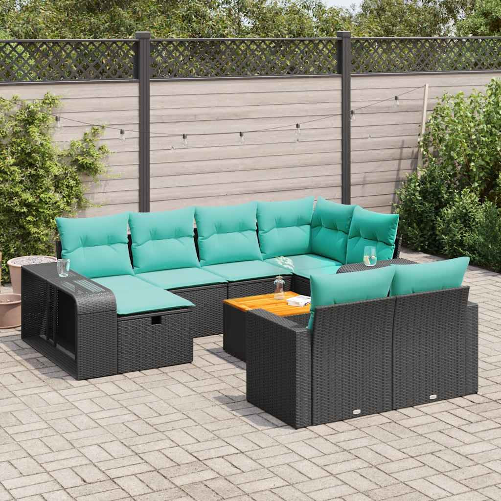 vidaXL 11-tlg. Garten-Sofagarnitur mit Kissen Schwarz Poly Rattan