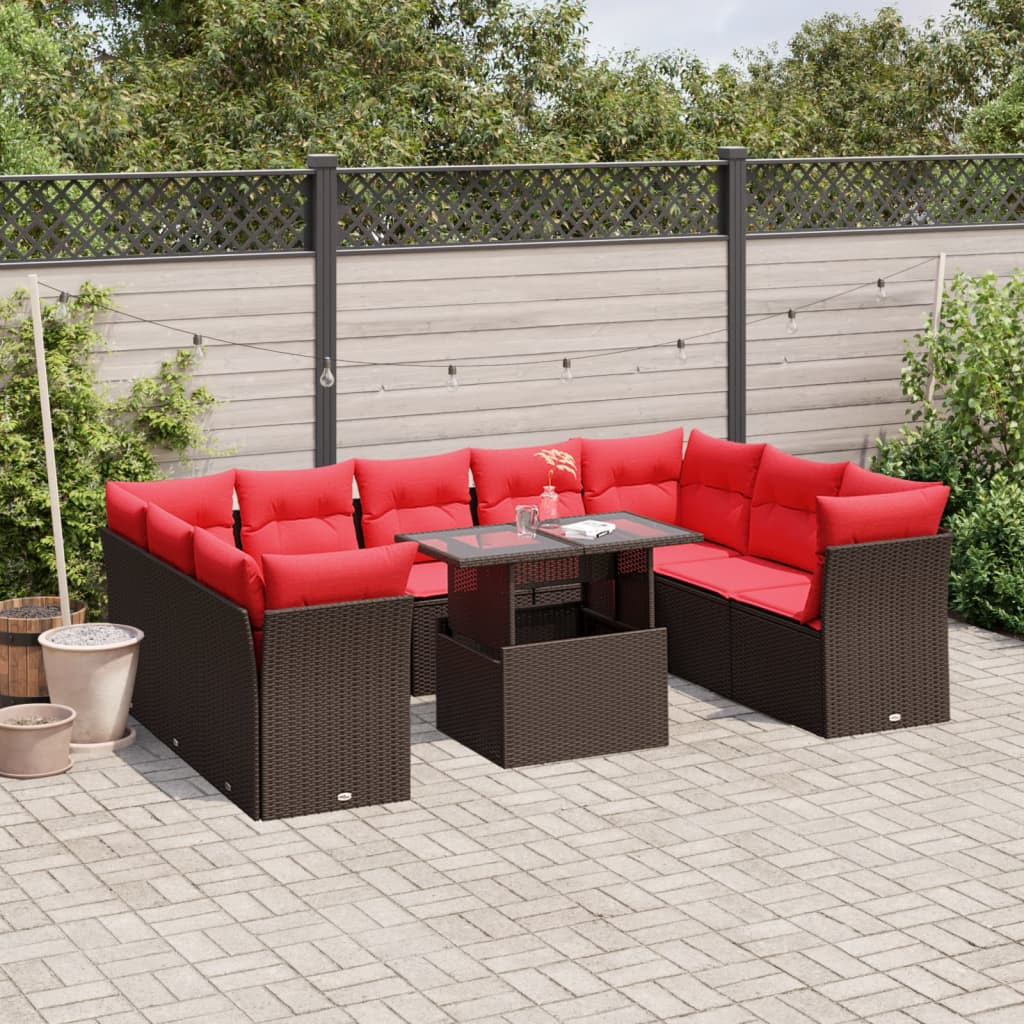 vidaXL 10-teiliges Gartensofa-Set mit Kissen, braun, Polyrattan