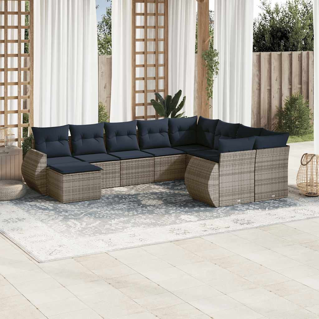 vidaXL 10-teiliges Gartensofa-Set mit Kissen, grau, Polyrattan
