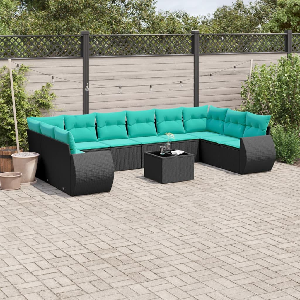 vidaXL 11-teiliges Gartensofa-Set mit Kissen, schwarzes Polyrattan