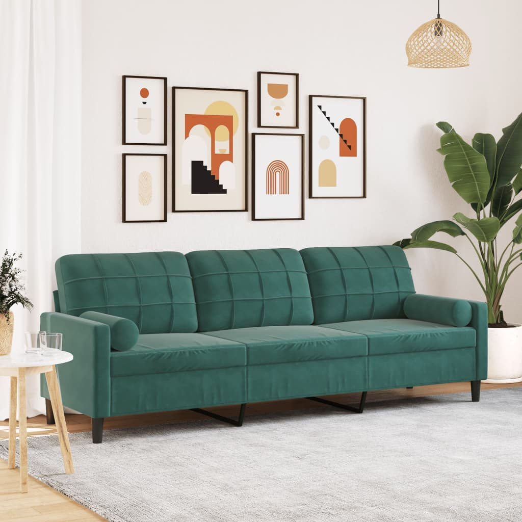 vidaXL Sofa 3-Sitzer mit Zierkissen Dunkelgrün 210 cm Samt