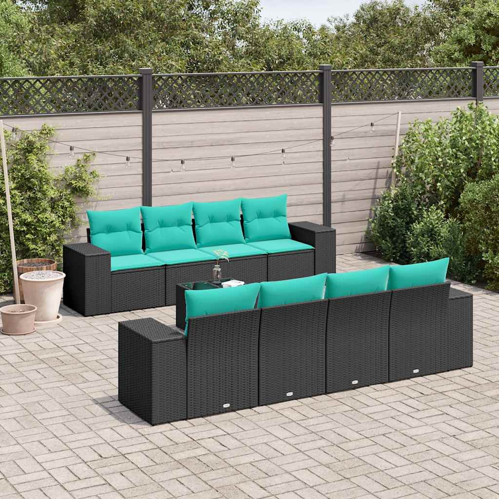 vidaXL 9-teiliges Gartensofa-Set mit Kissen, schwarzes Polyrattan