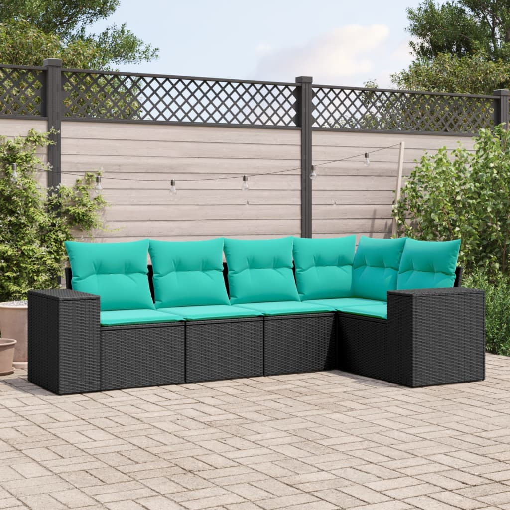 vidaXL 5-teiliges Gartensofa-Set mit Kissen, schwarzes Polyrattan