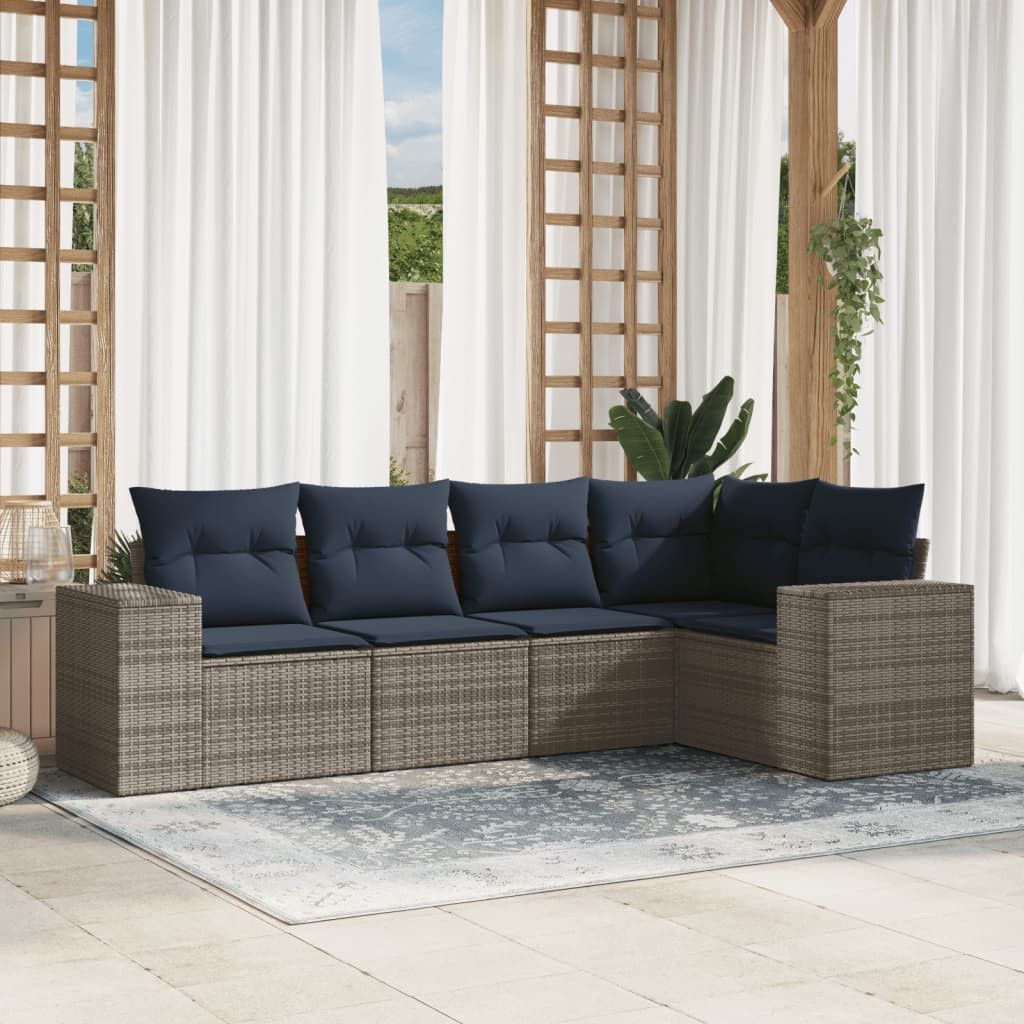 vidaXL 5-teiliges Gartensofa-Set mit Kissen, grau, Polyrattan