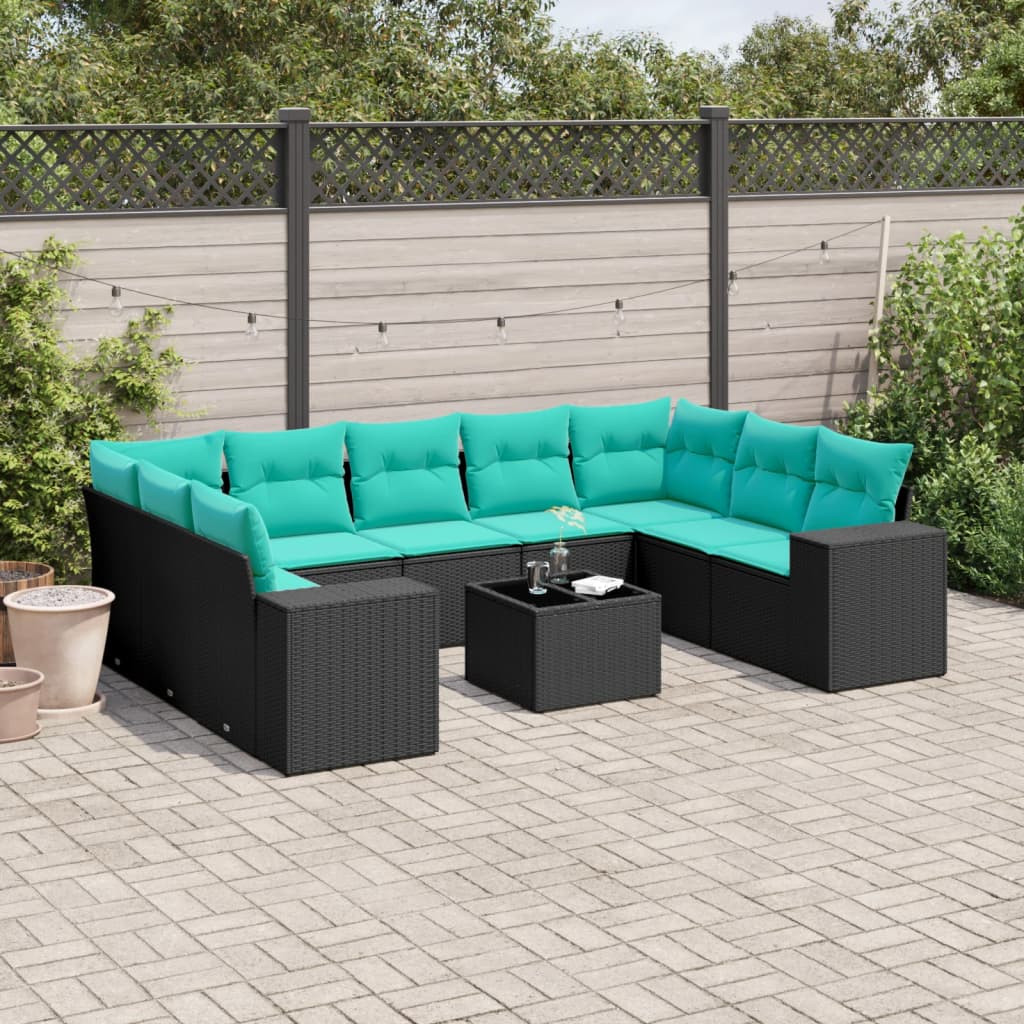 vidaXL 10-teiliges Gartensofa-Set mit Kissen, schwarzes Polyrattan