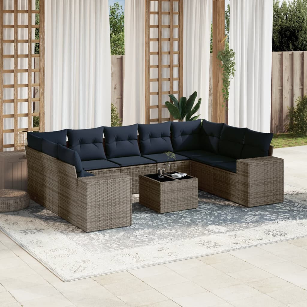 vidaXL 10-teiliges Gartensofa-Set mit Kissen, grau, Polyrattan