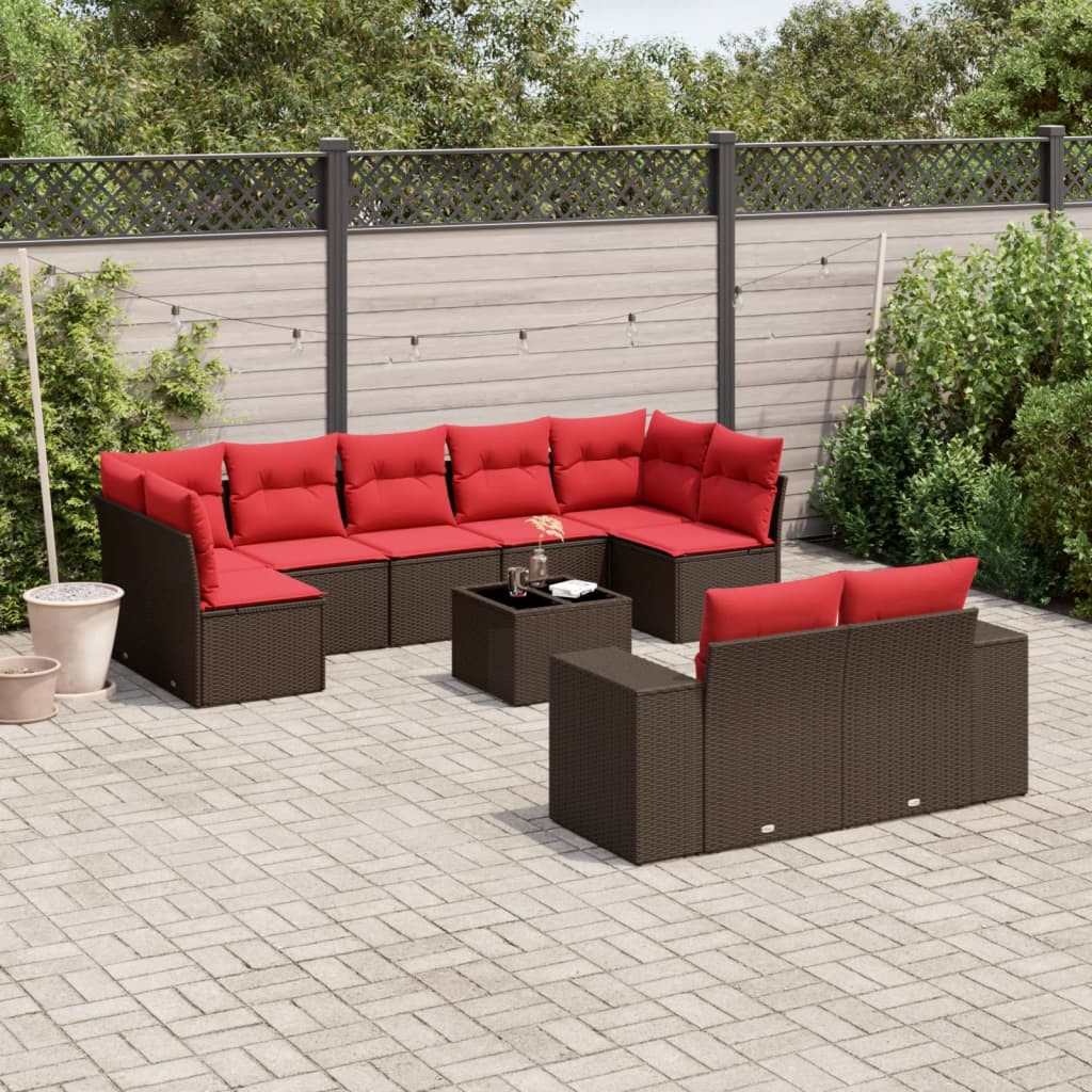 vidaXL 10-teiliges Gartensofa-Set mit Kissen, braun, Polyrattan
