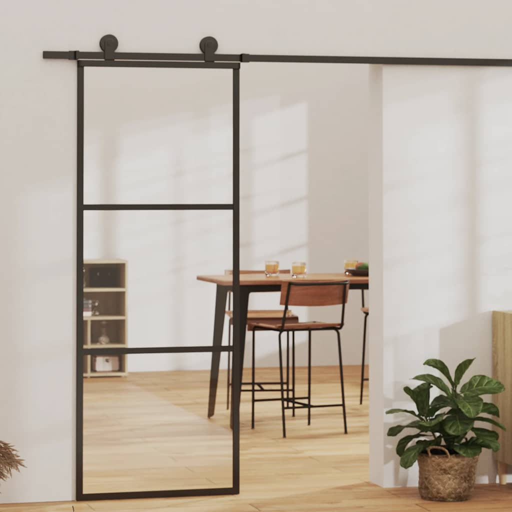 vidaXL Schiebetür 3-teilig ESG-Glas und Aluminium 76x205 cm Schwarz