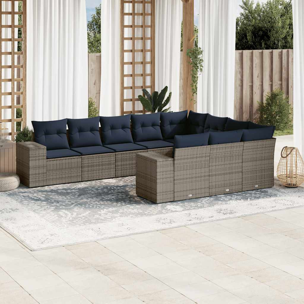 vidaXL 10-teiliges Gartensofa-Set mit Kissen, grau, Polyrattan