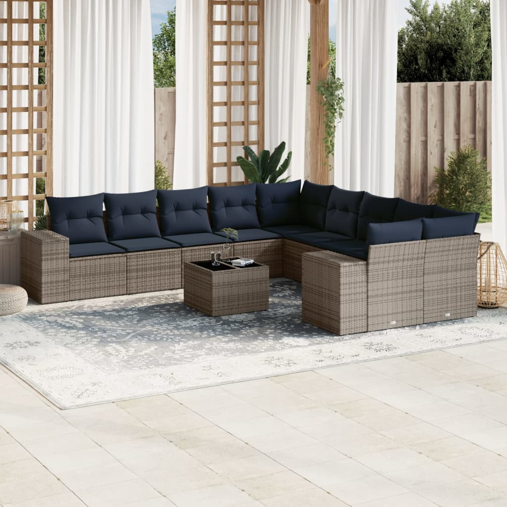 vidaXL 11-teiliges Gartensofa-Set mit Kissen, grau, Polyrattan