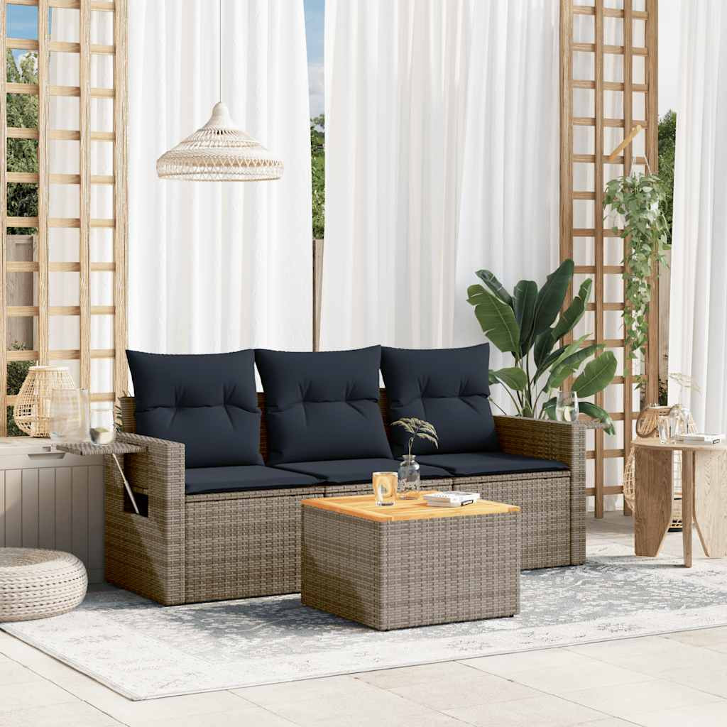 vidaXL 4-teiliges Gartensofa-Set mit Kissen, grau, Polyrattan
